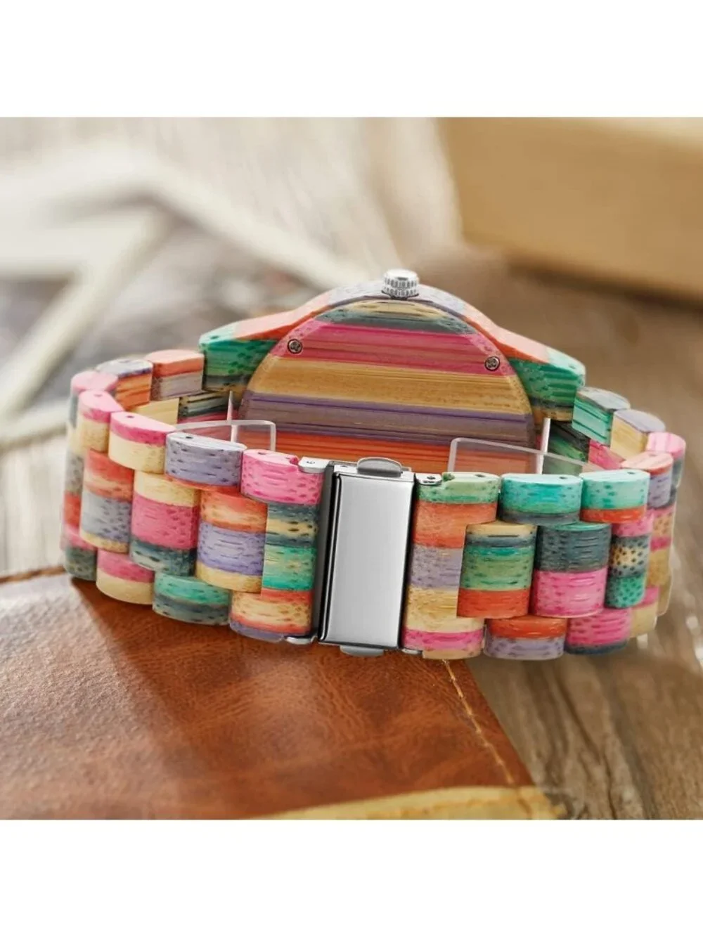 Men's Multi Color Analog Quartz Handmade Colorful Bamboo Engraved Wooden Watch